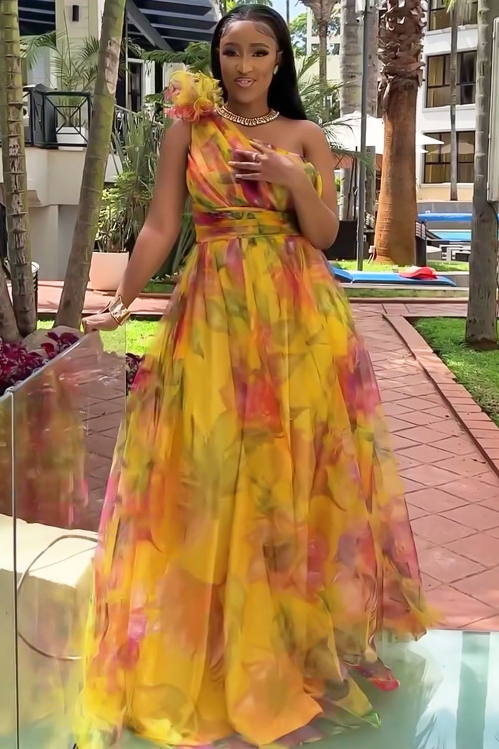 One Shoulder Rosette Floral Print Mesh Party Maxi Dresses-Fuchsia