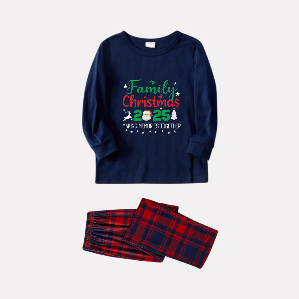 Christmas Family Matching Pajamas-Navy & Red Plaid Pjs Set with "Family Christmas 2025" and Santa Pattern Print