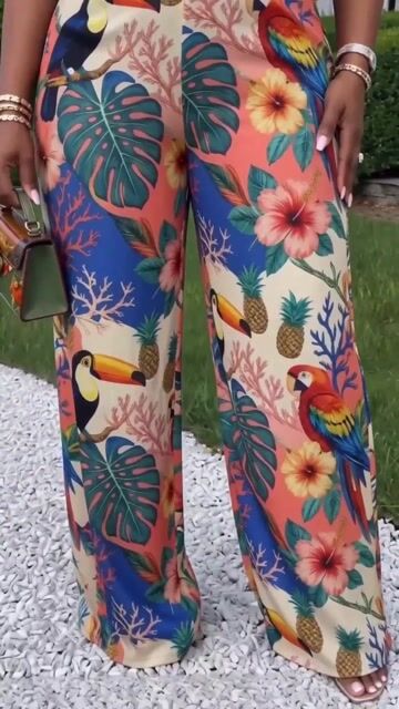 Floral Halter Ruffle Top Wide Leg Pants 2pcs Set-Multicolor