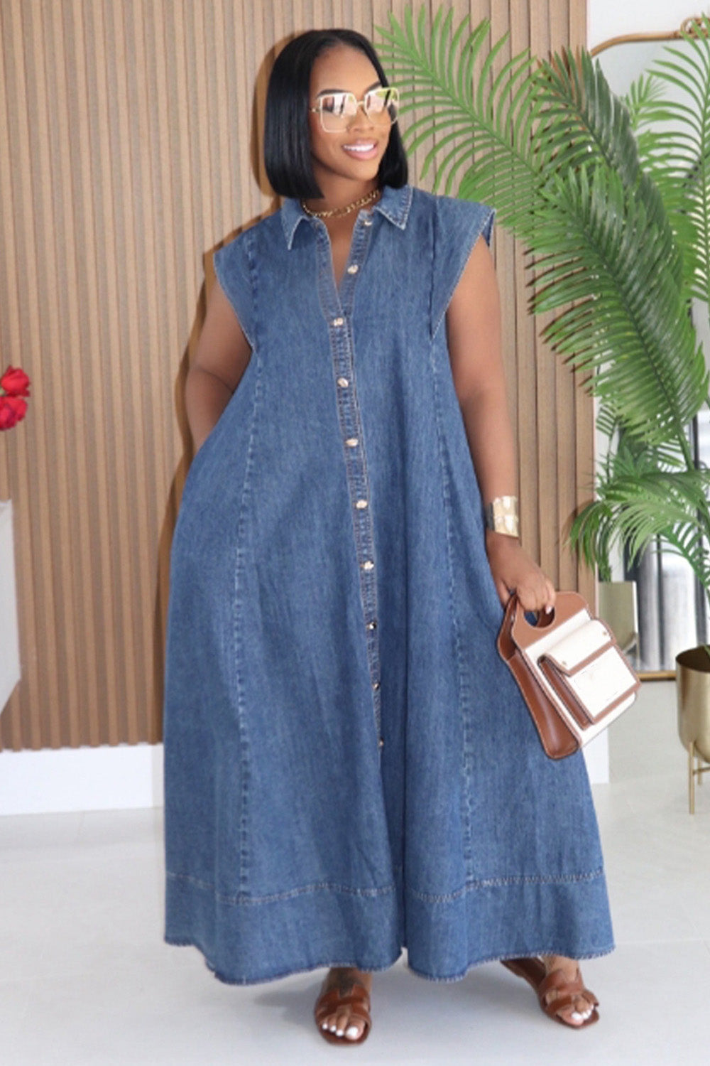 Denim Shirt Collar Cap Sleeve Slant Pocket Loose Casual Maxi Dresses-Blue