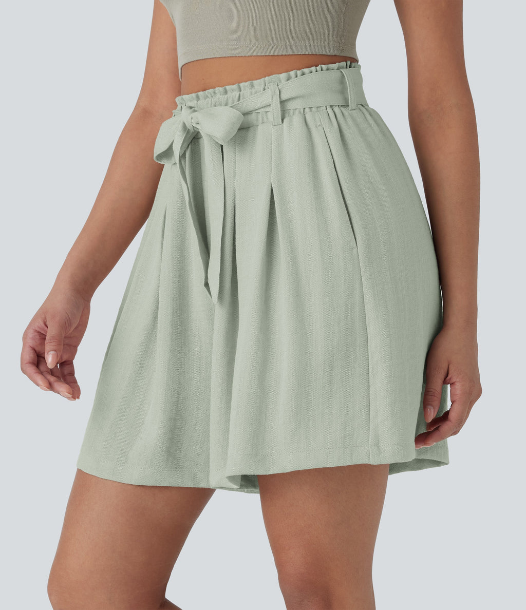 High Waisted Belted Casual Linen-Feel Bermuda Shorts with Pockets