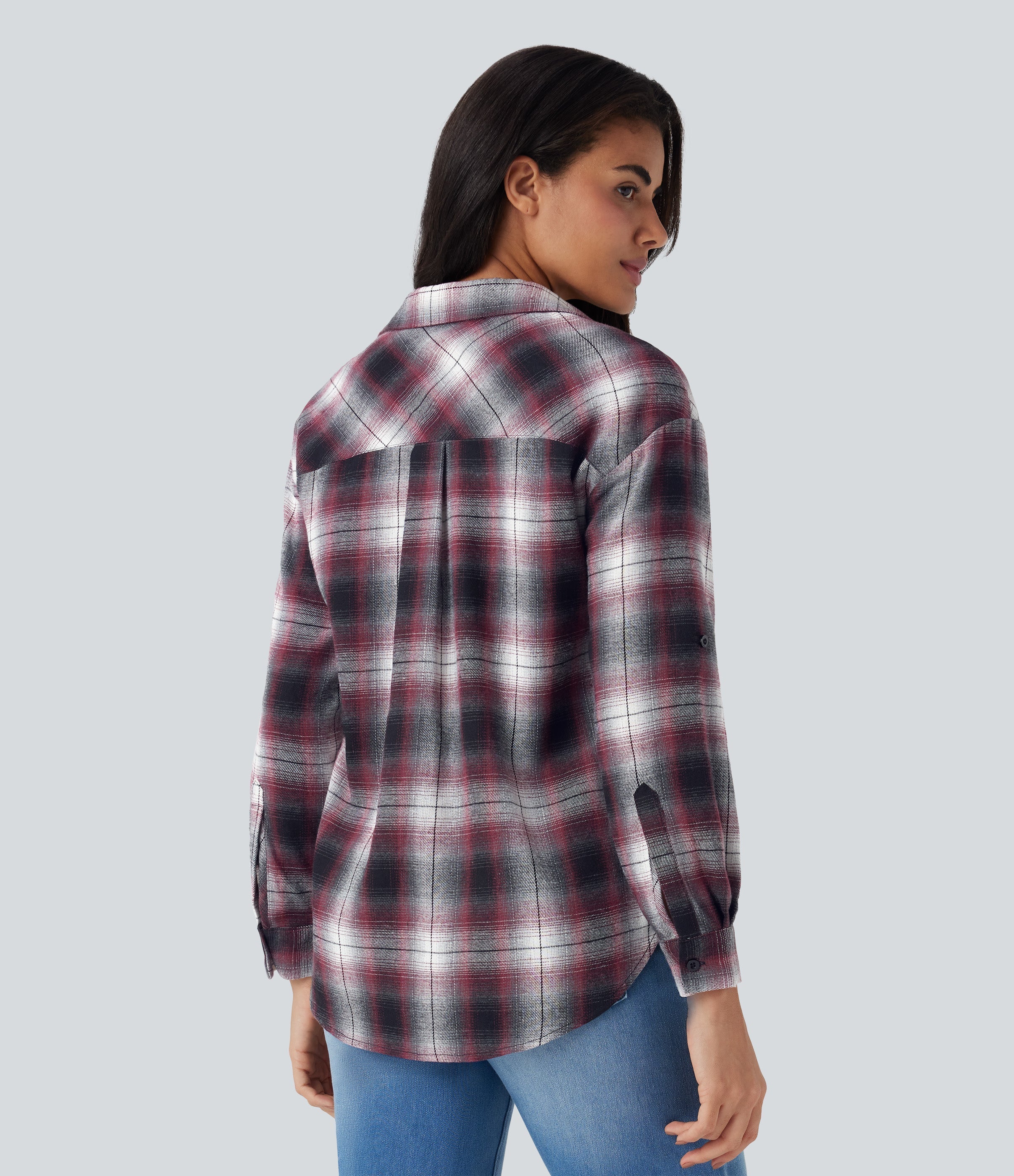 V Neck Curved Hem Plaid Casual Blouse