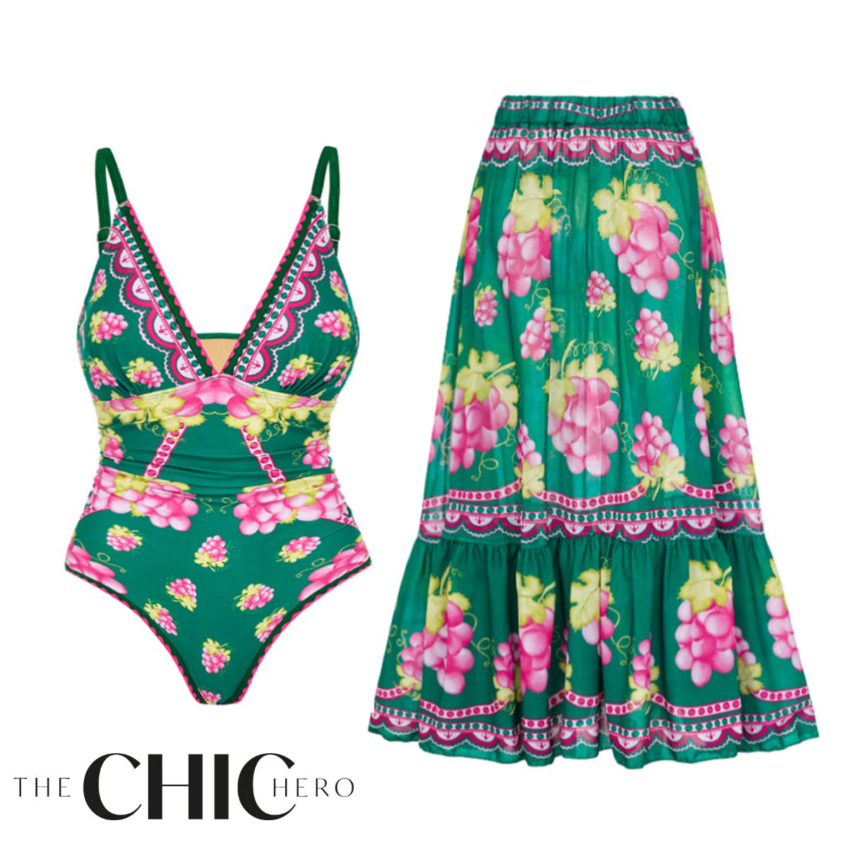 Green Grape Blossom Tropical Vineyard V-Neck Swimsuit & Skirt