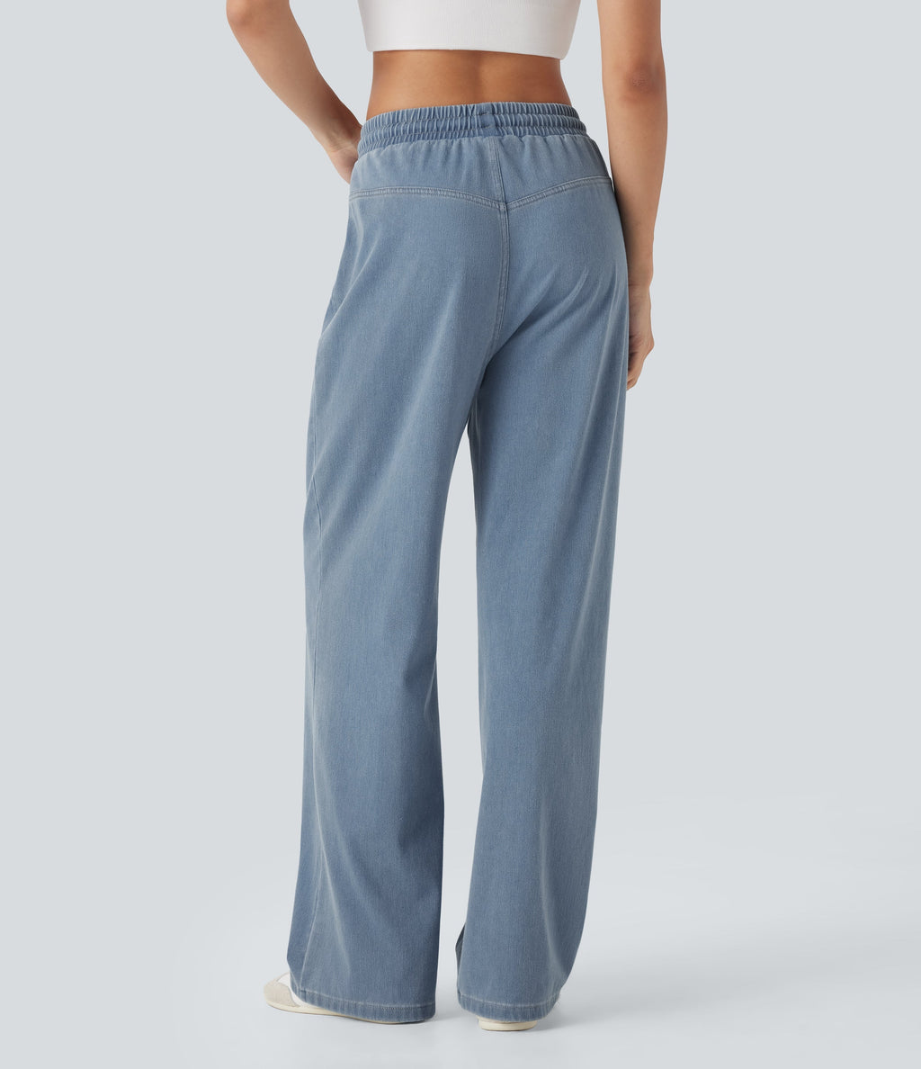 FlexTM High Waisted Drawstring Wide Leg Cool Touch Casual Jeans with Pockets