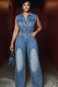 Sleeveless Button Front Cinch Waist Flare Leg Denim Jumpsuit-Blue