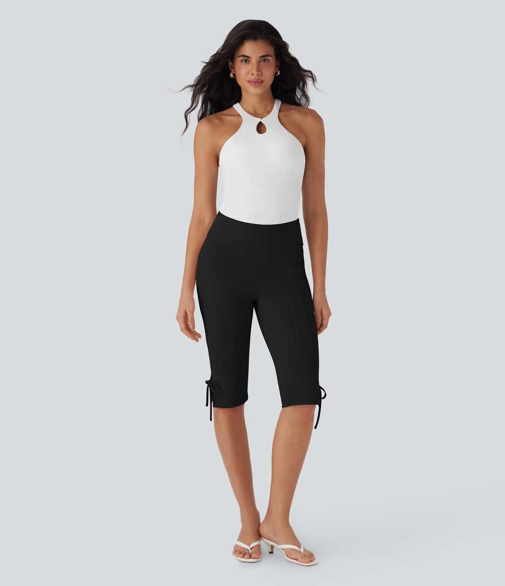 Mid Rise Lace Up Capri Casual Pants with Pockets