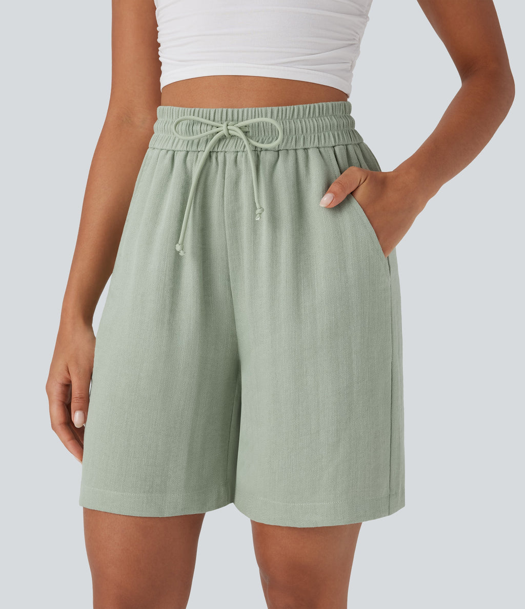 High Waisted Drawstring Casual Linen-Feel Shorts with Pockets