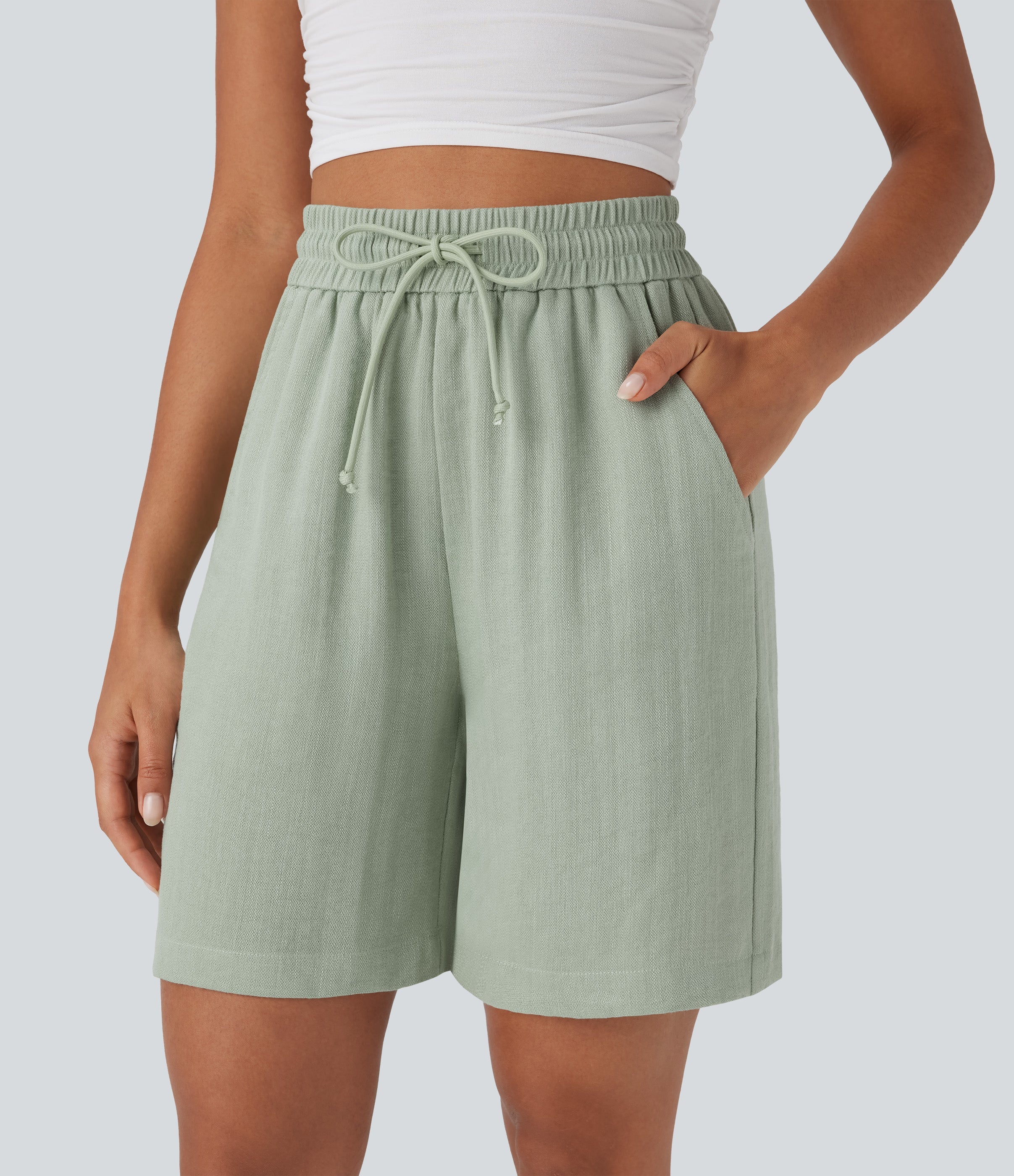 High Waisted Drawstring Casual Linen-Feel Shorts with Pockets
