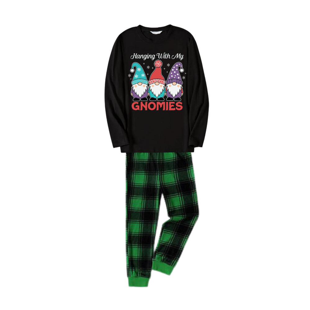 Christmas Family Matching Pajamas-Black Top and Green Plaid Pants Pjs Set with Gnome Family and Christmas Slogan Print