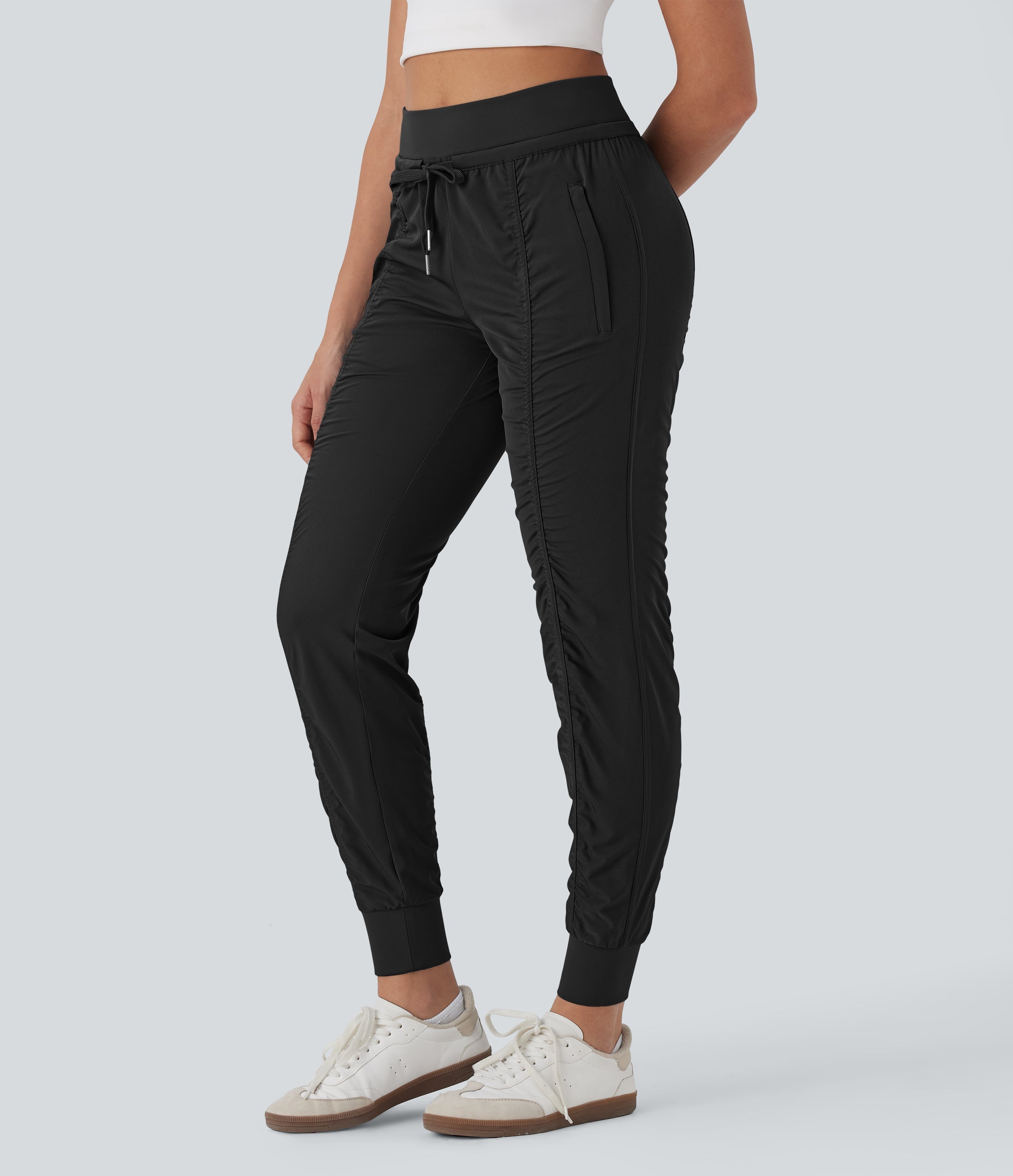 High Waisted Drawstring Tapered Travel Joggers with Side Zip Pockets
