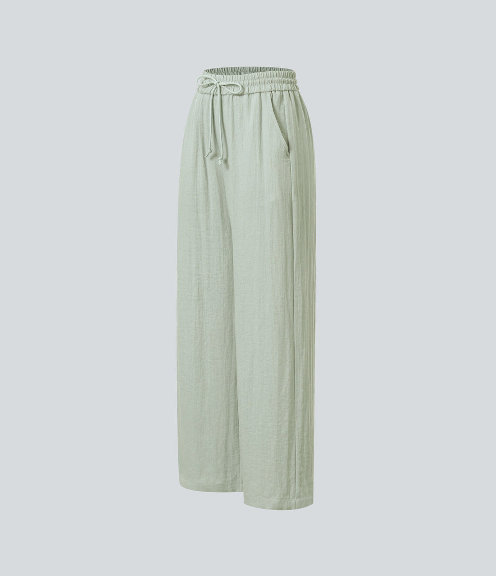 Women Summer High Waisted Drawstring Pocket Wide Leg Casual Linen-Feel Pants