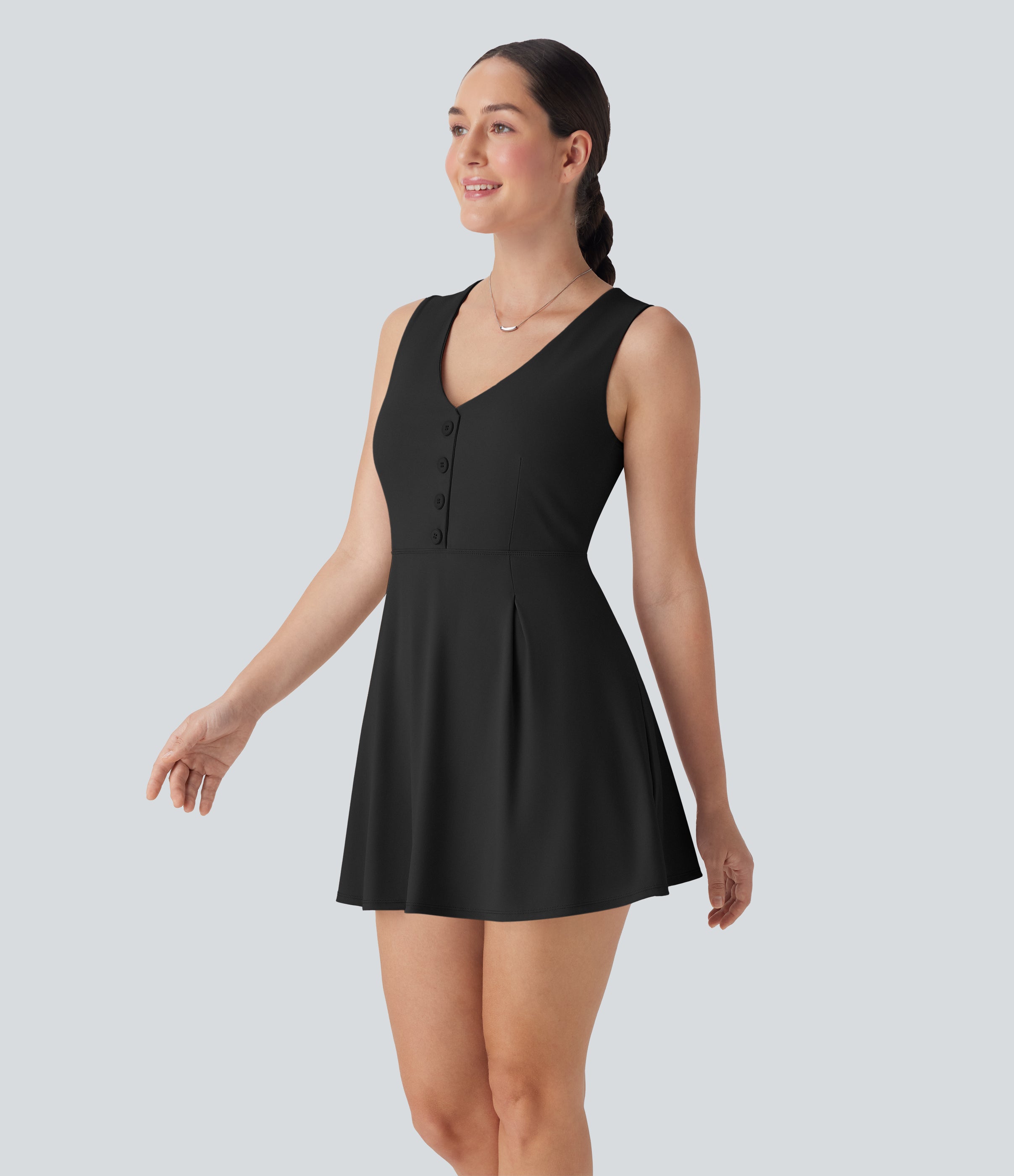 V Neck Sleeveless Decorative 2-Piece Mini Casual Dress with Pocket