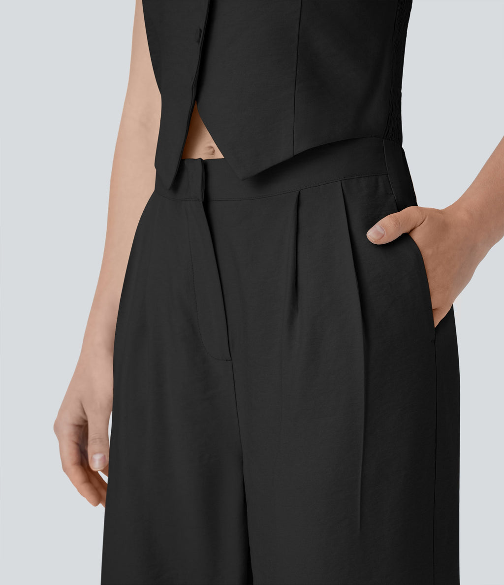 Halter Shirred Wide Leg Work Jumpsuit with Pockets