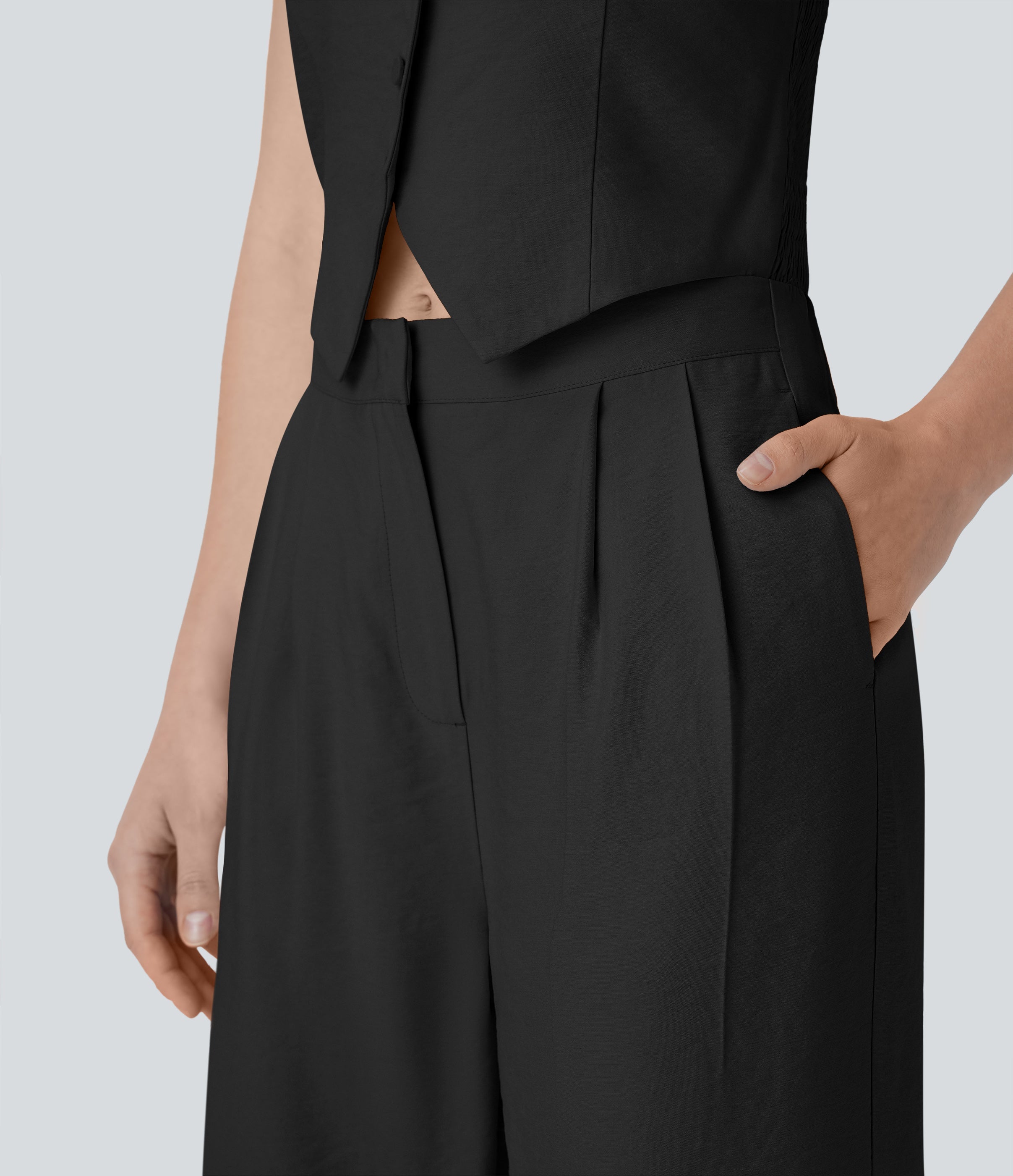 Halter Shirred Wide Leg Work Jumpsuit with Pockets