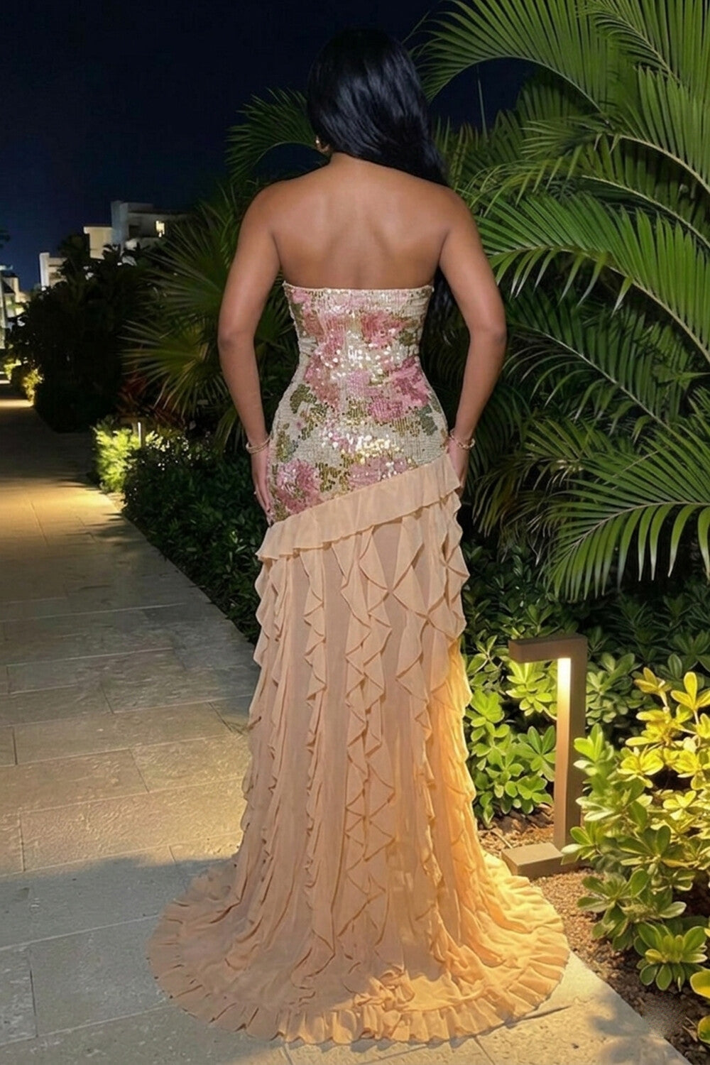 Strapless Sequin Floral Ruffle High Slit Gowns Maxi Dresses-Brown