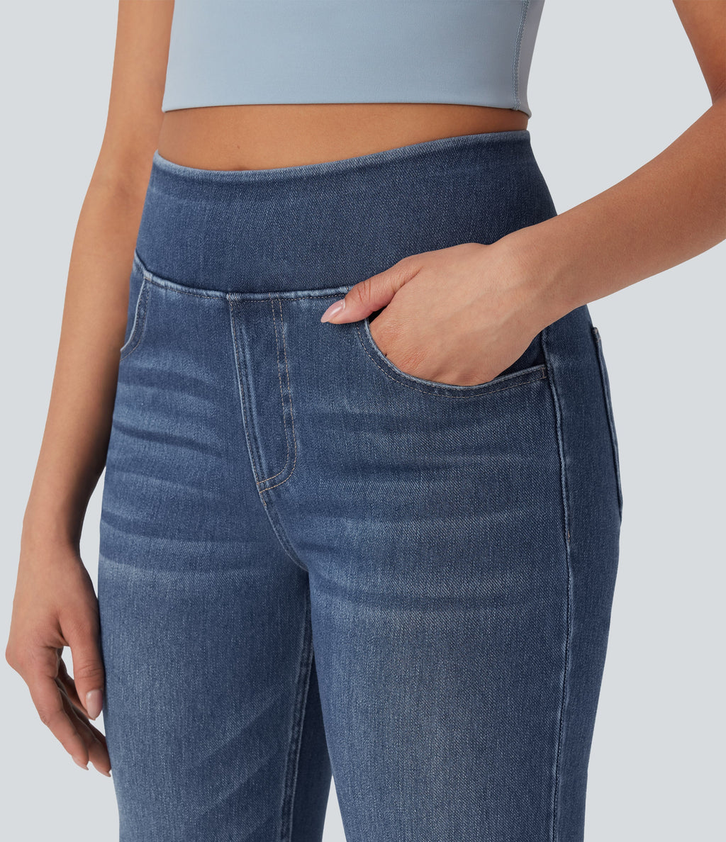 FlexTM High Waisted Tummy Control Washed Casual Bootcut Jeans with Pockets