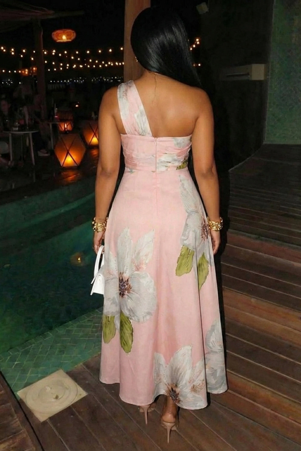 One Shoulder Floral Print Cinch Waist Gowns Maxi Dresses-Pink