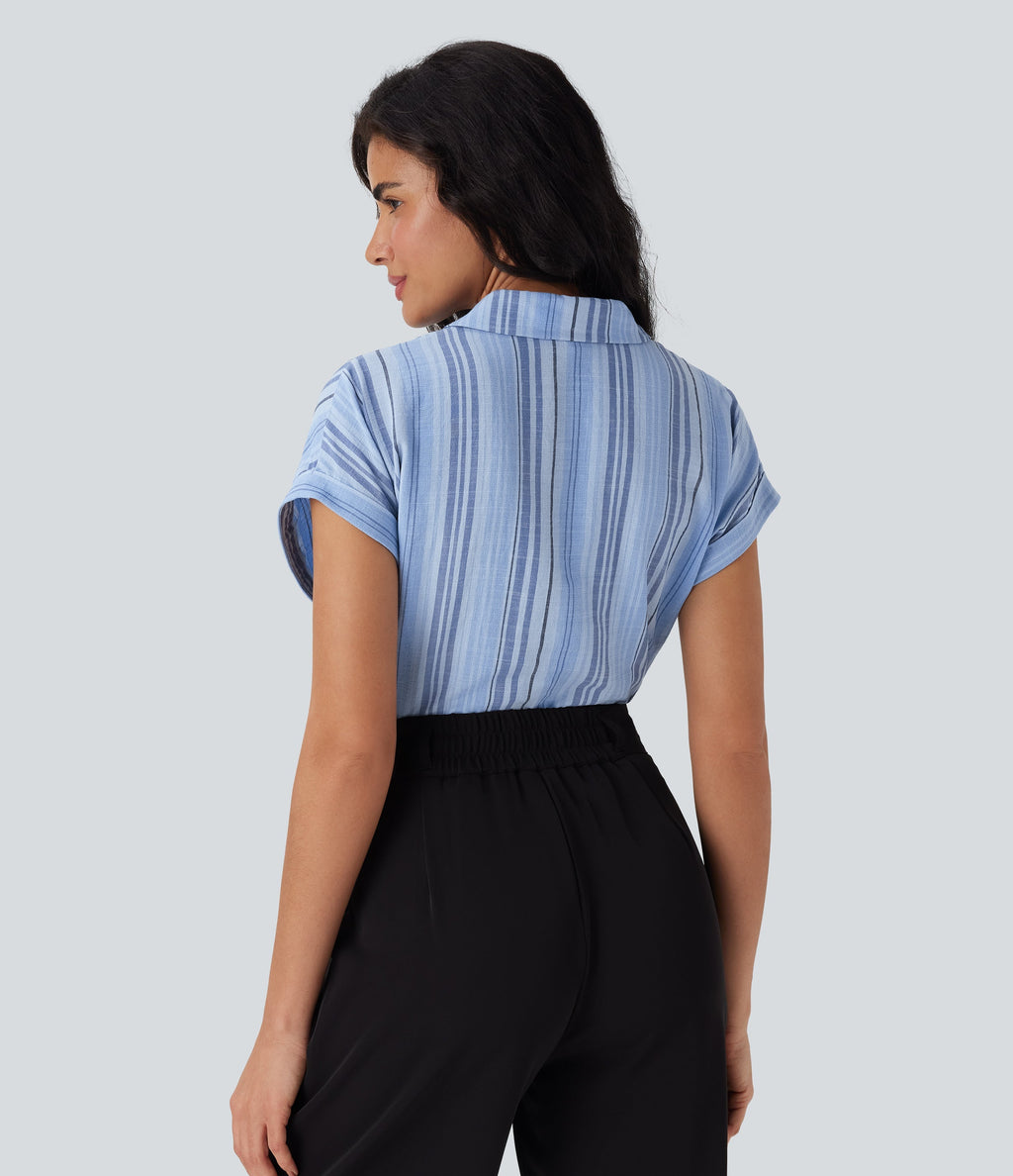 Short Sleeve Stripe Work Linen-Feel Shirt