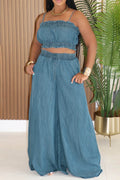 Ruffle Trim Denim Cami Neck Crop Top Wide Leg Pants Casual 2pcs Set-Blue