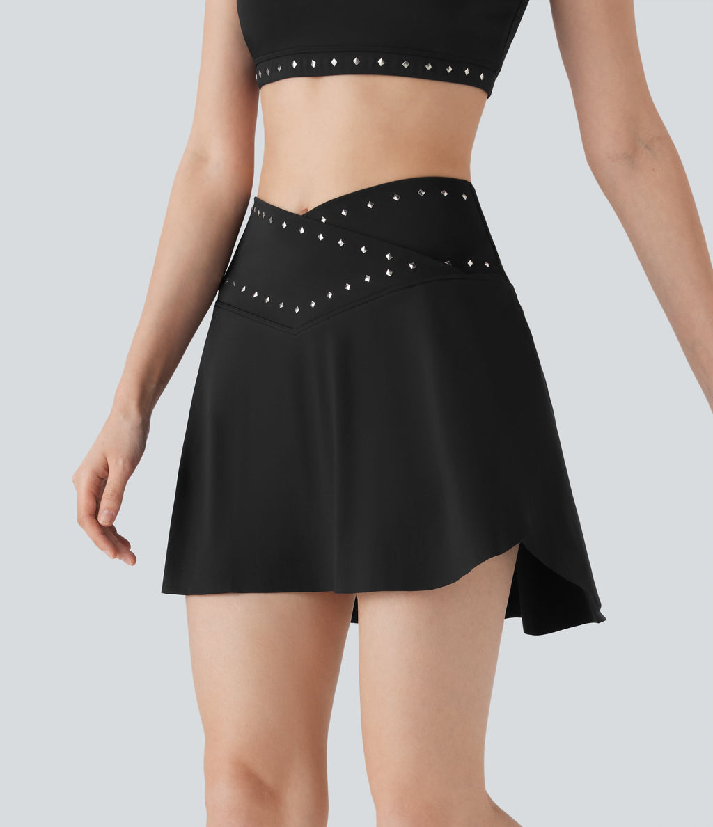 SoftlyZeroTM QuickDry High Waisted Studded Crossover 2-in-1 Mini Pickleball Skirt with Pockets