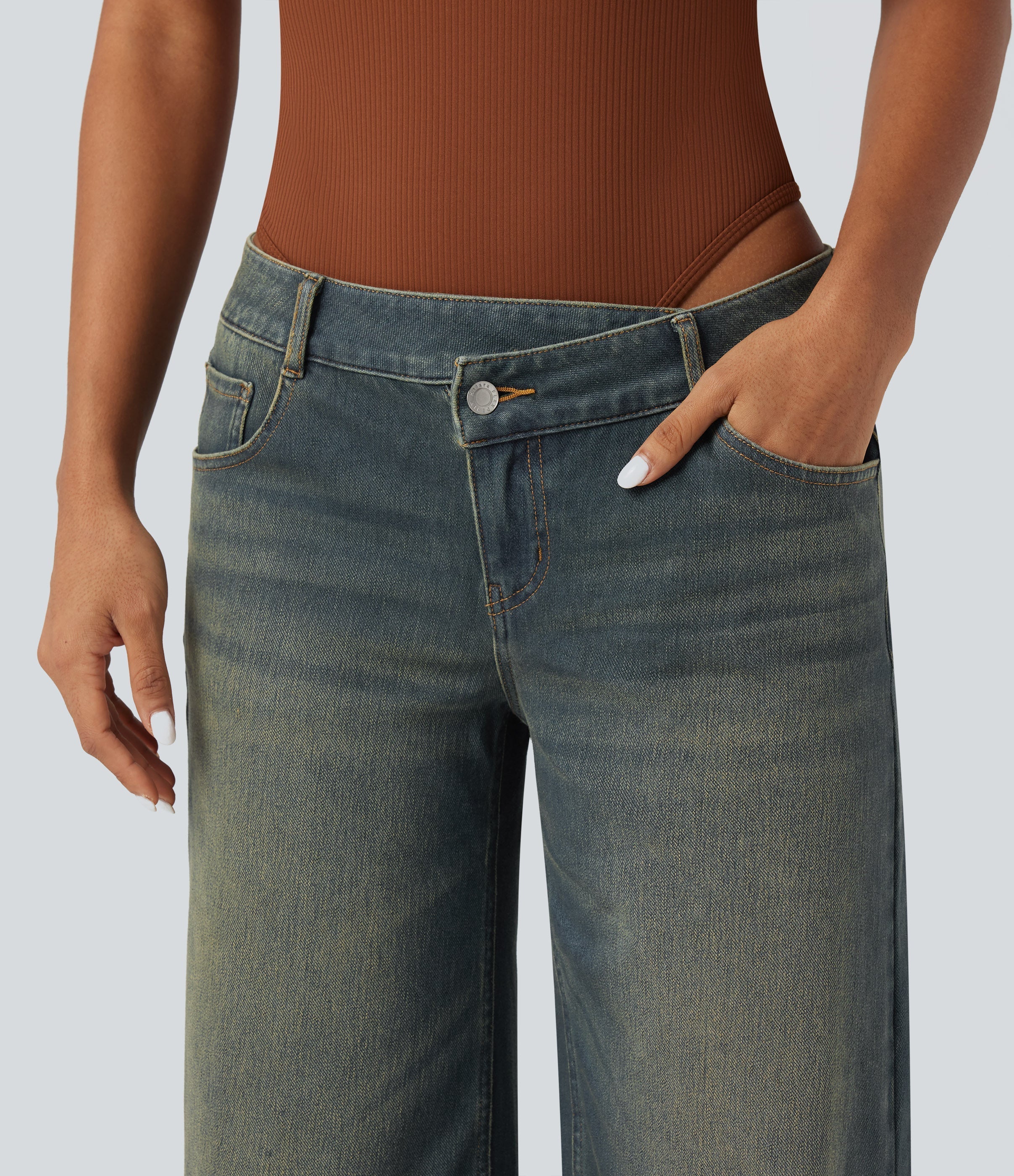 FlexTM Asymmetric Low Rise Zipper Pockets Baggy Wide Leg Washed Casual Jeans