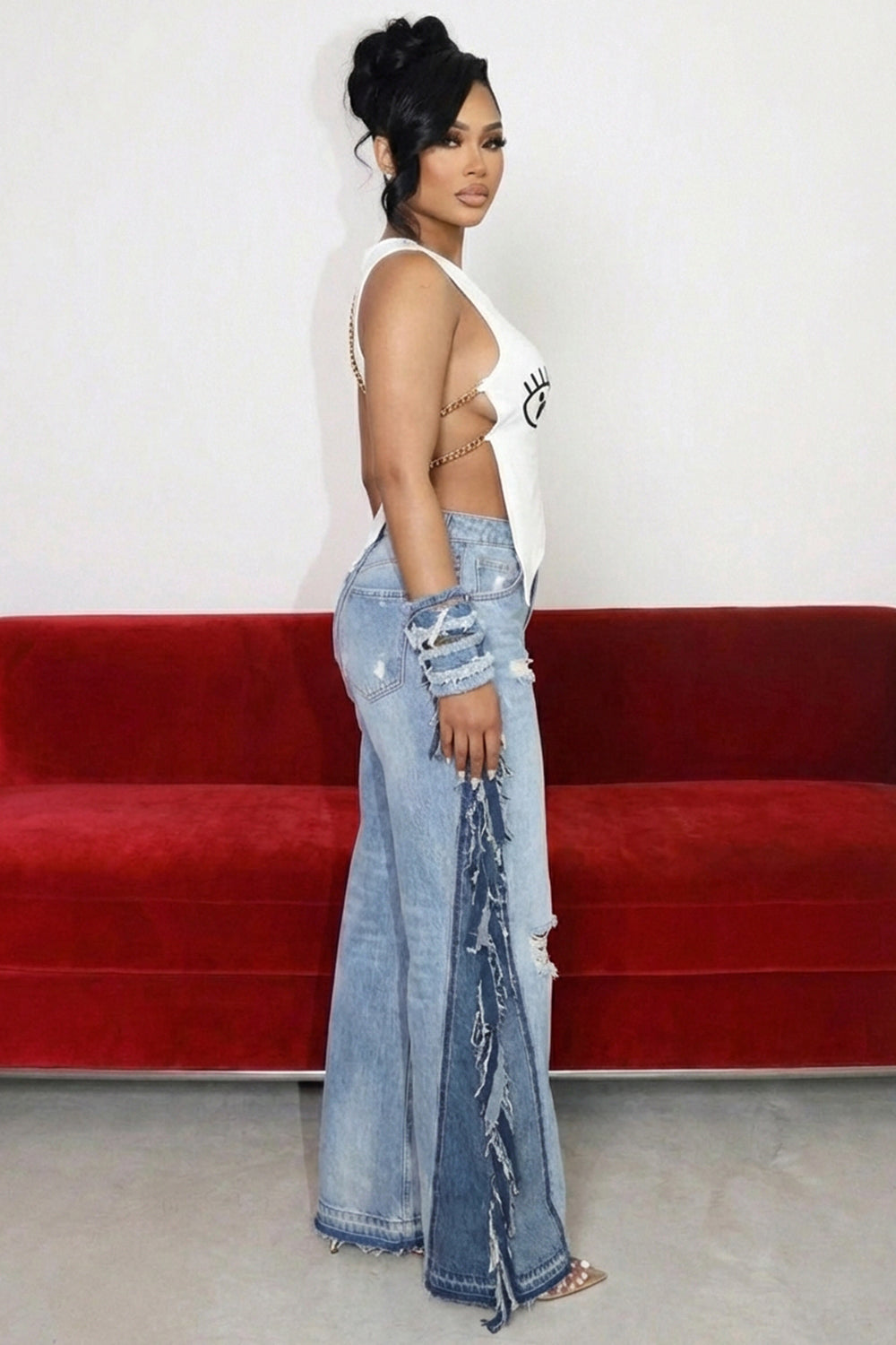 One Shoulder Chain Top -White