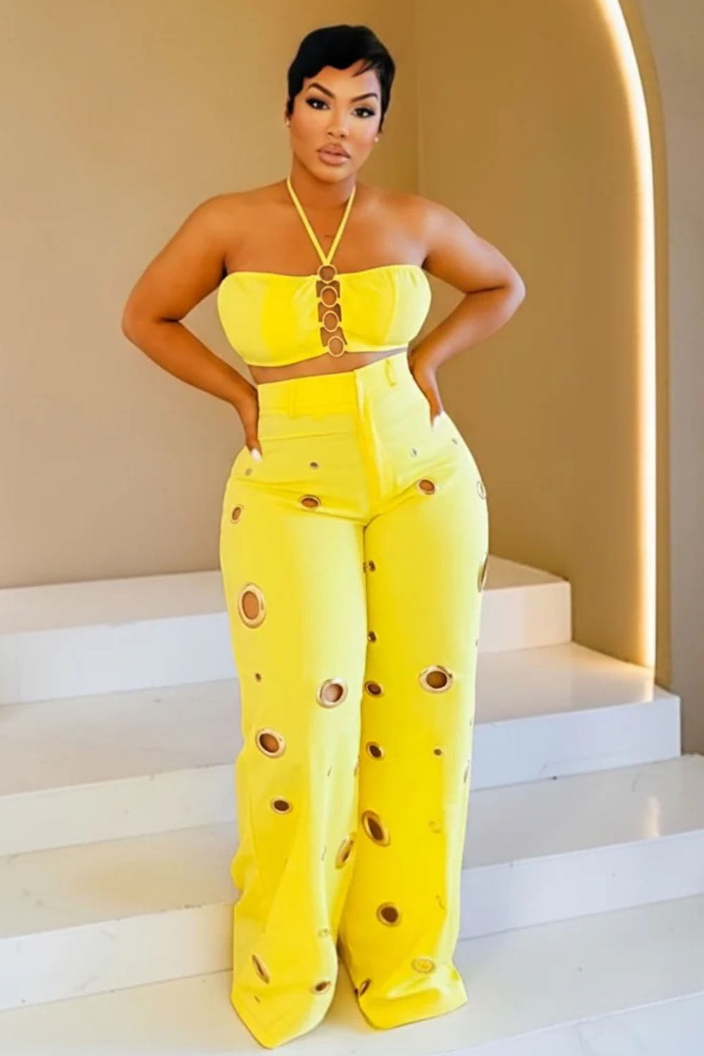 Halter Crop Top High Waist Hollow Pants Casual 2pcs Set-Yellow [Pre Order]