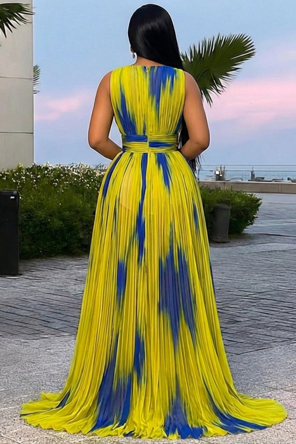 Deep V Neck Cinch Waist Slit Tie Dye Gowns Maxi Dresses-Yellow