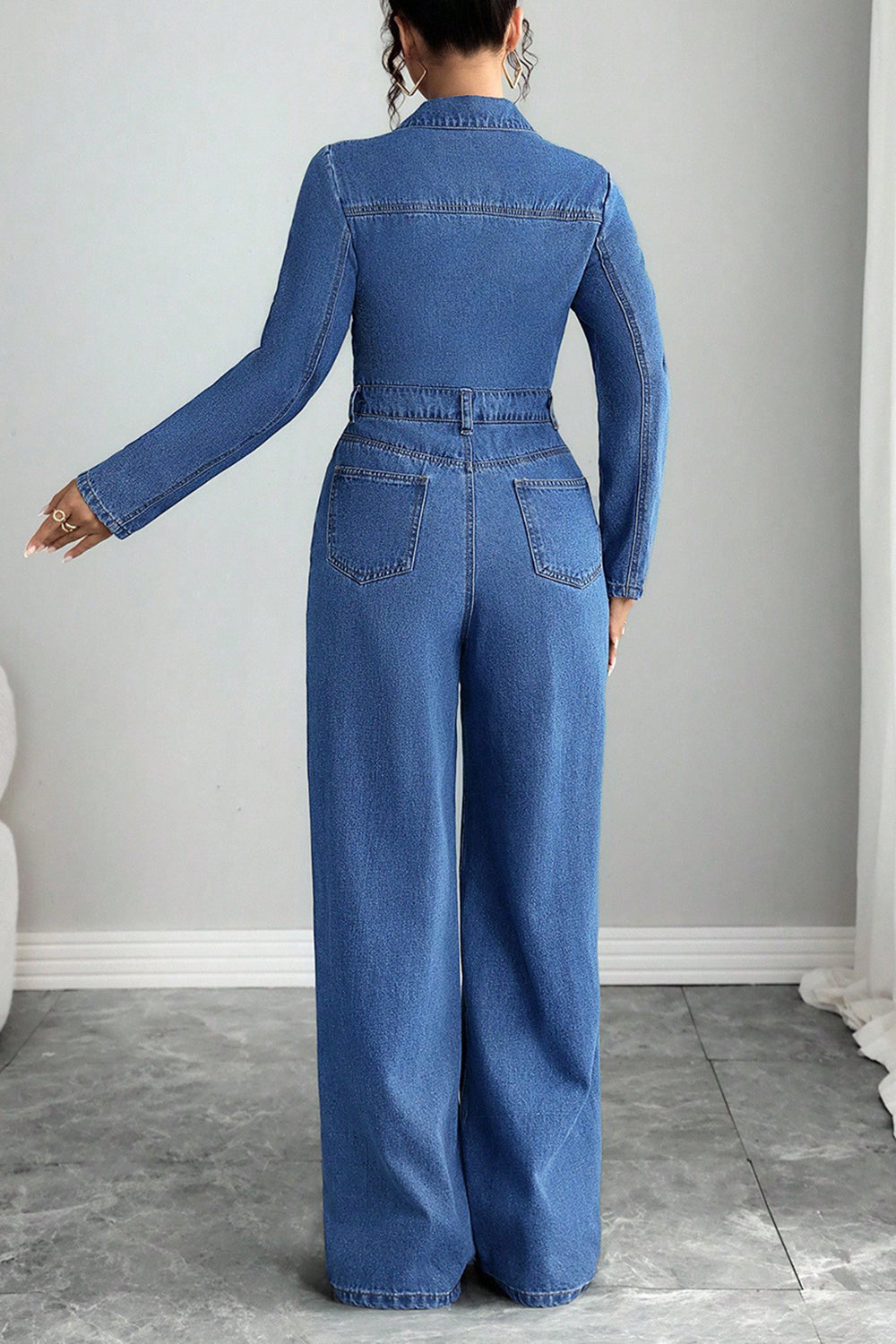 Denim Turndown Collar Long Sleeve Solid Color Wide Leg Casual Jumpsuit-Blue
