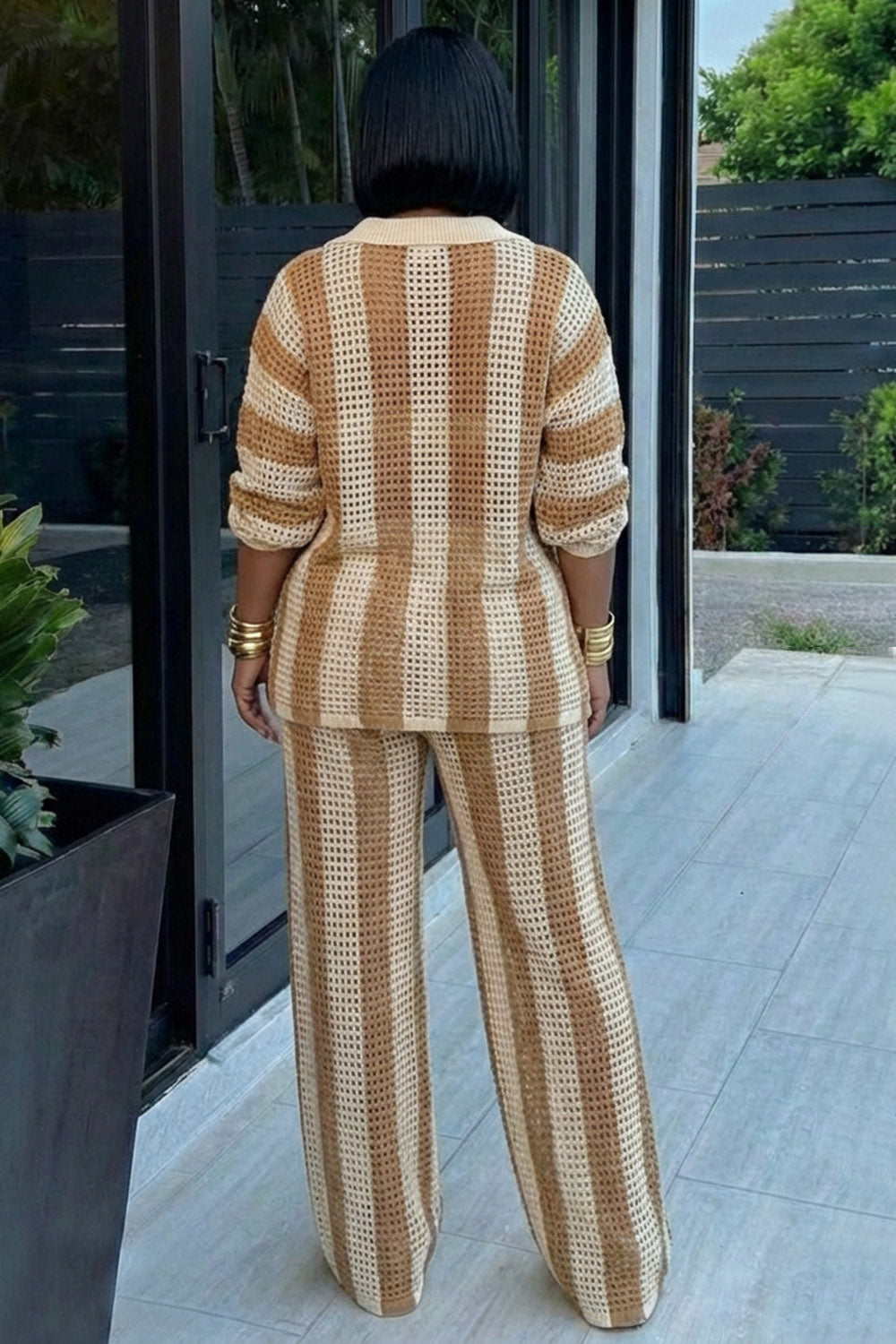 Striped Crochet Turndown Collar Shirt Pants 2pcs Set-Khaki