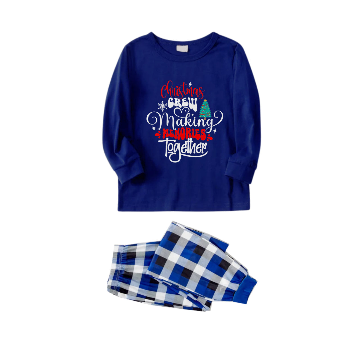 Christmas Family Matching Pajamas-Navy & White Plaid Pjs Set with "Christmas Crew Making Memories Together" Artistic Font Print
