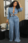 Lantern Sleeve Knotted Blouse Wide Leg Pants 2pcs Set-Blue