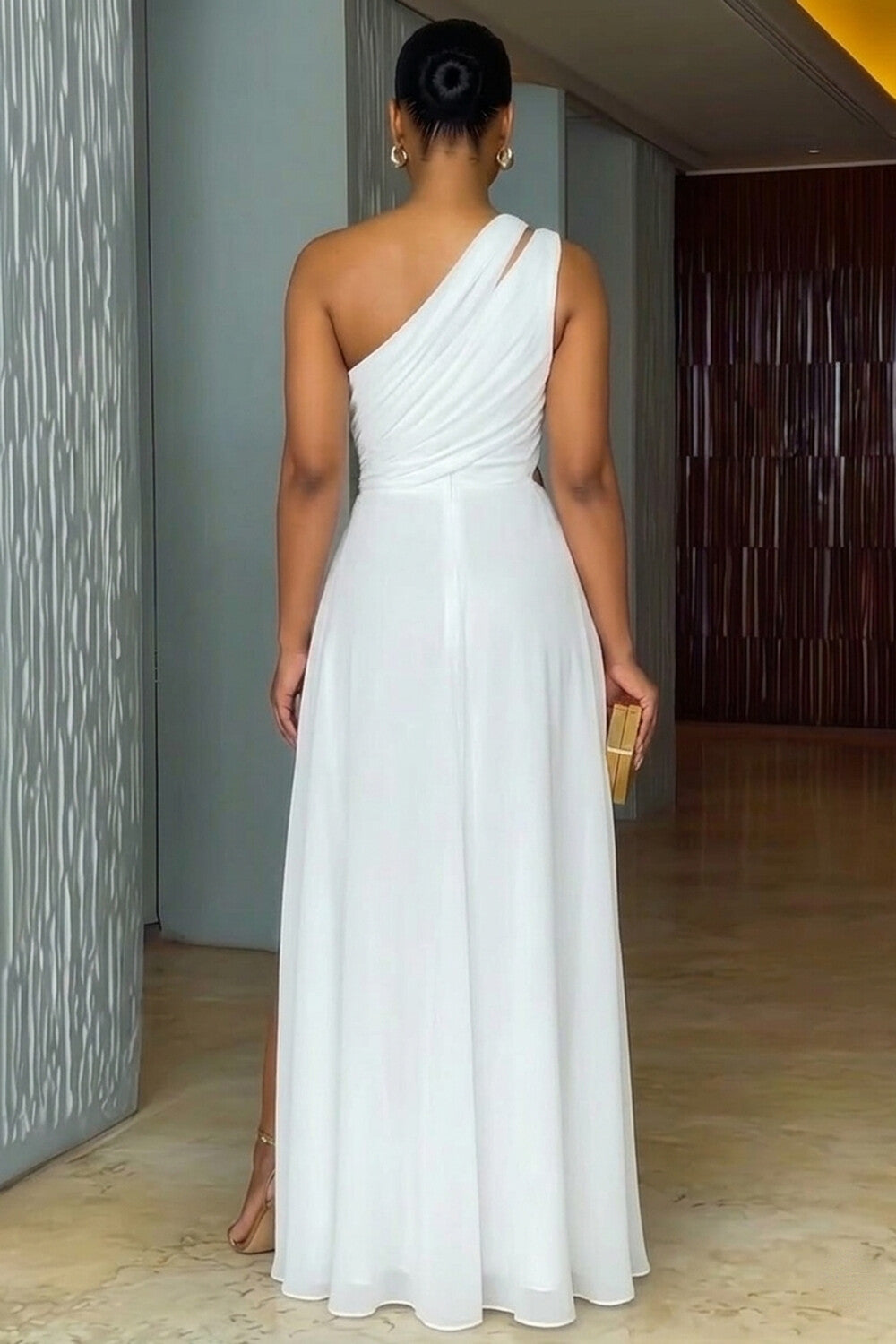 One Shoulder Cut Out High Slit Slim Gowns Maxi Dresses-White