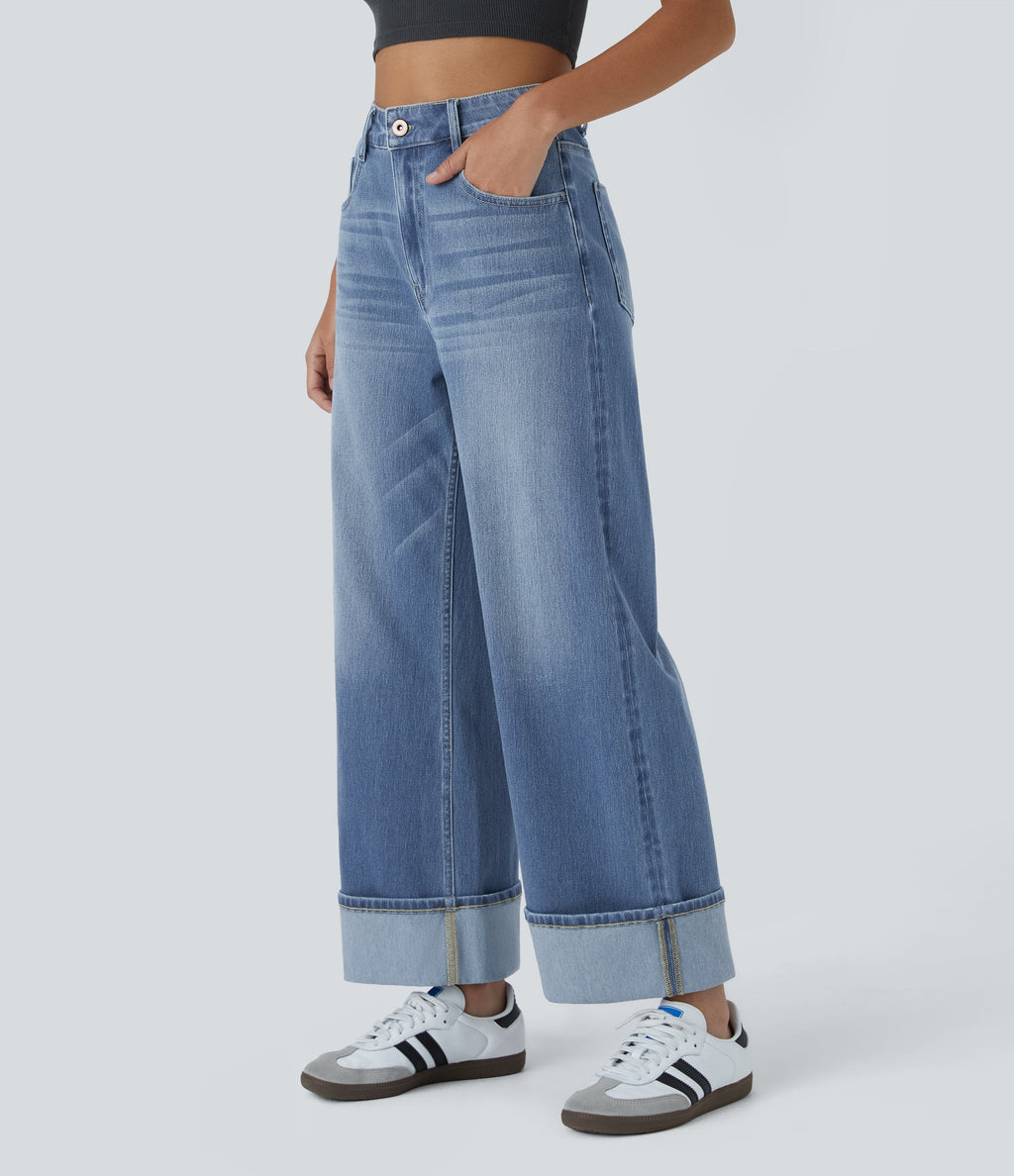 FlexTM High Waisted Multiple Pockets Rolled Hem Wide Leg Washed Stretchy Knit Casual Jeans