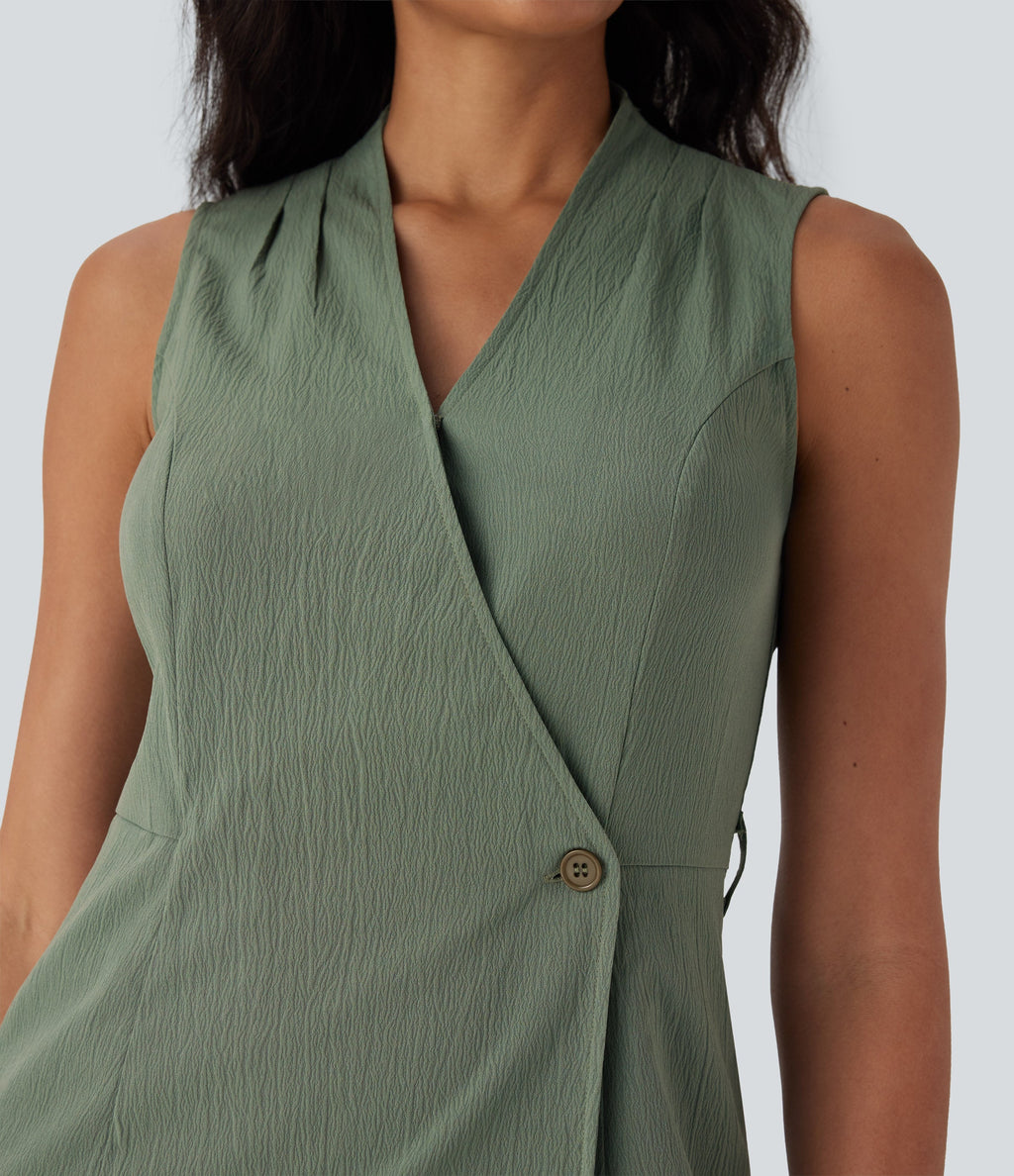 Anti-wrinkle V Neck Sleeveless Wrapped Belted Midi Travel Dress with Pockets