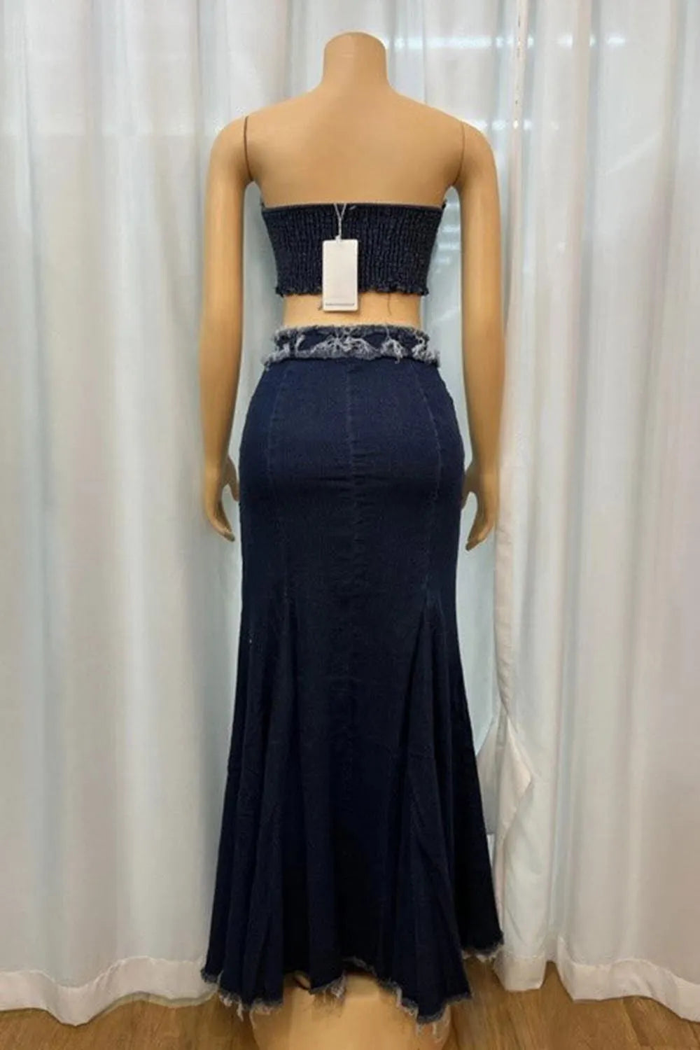 Denim Raw Trim Tube Top High Waist Bodycon Maxi Skirt 2pcs Set-Blue