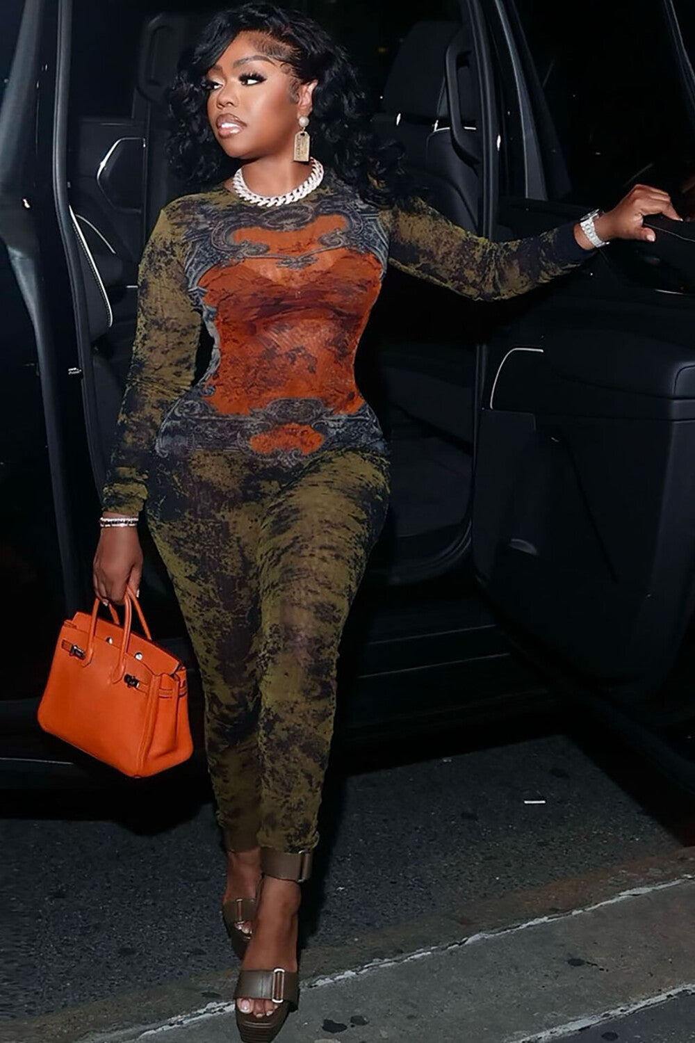 Pattern Print Round Neck Long Sleeve Colorblock Skinny Jumpsuit-Orange