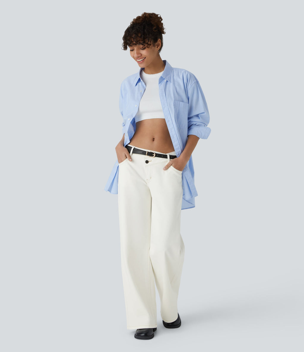 FlexTM Asymmetric Low Rise Zipper Pockets Baggy Wide Leg Washed Casual Jeans