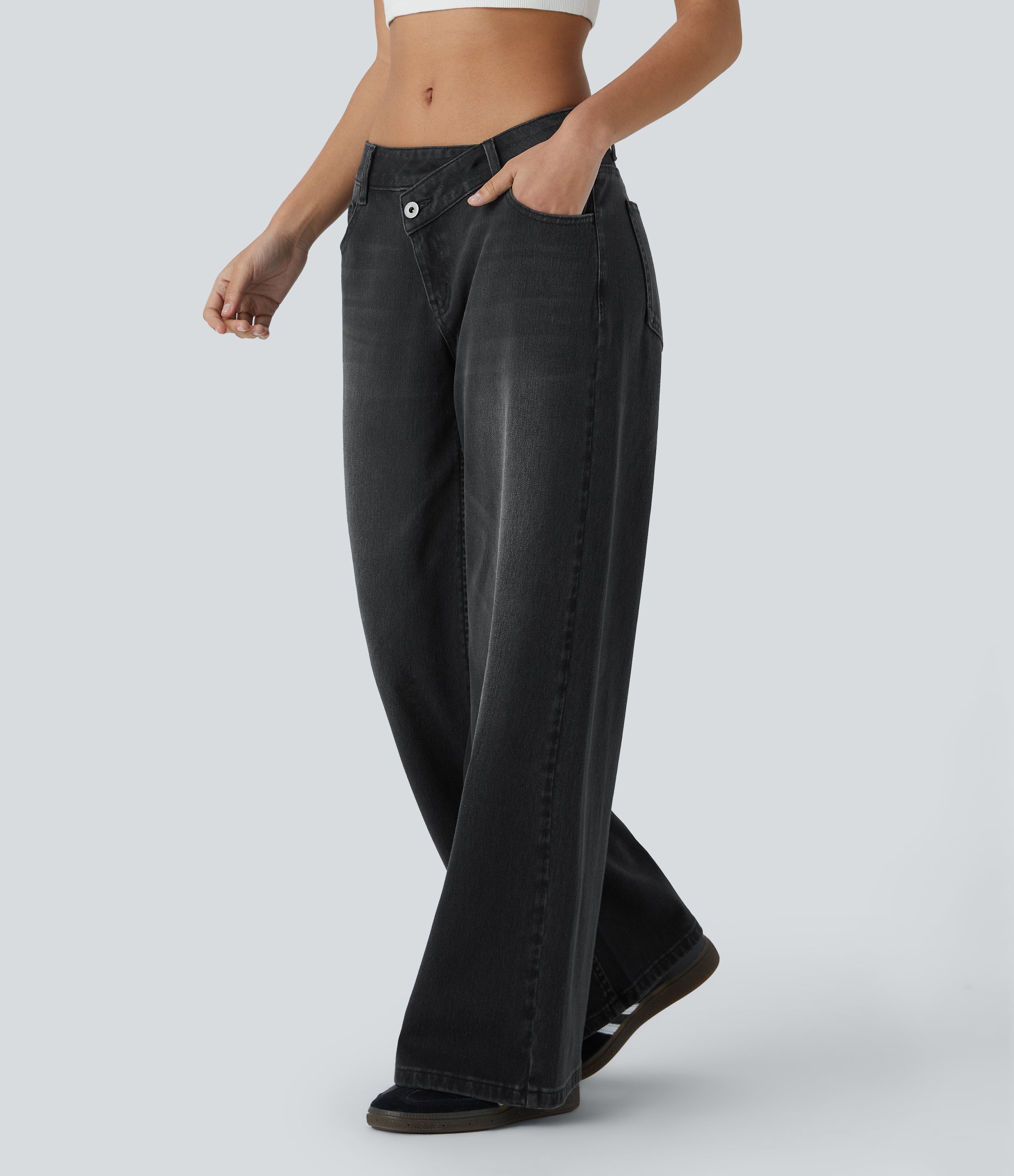 FlexTM Asymmetric Low Rise Zipper Pockets Baggy Wide Leg Washed Casual Jeans