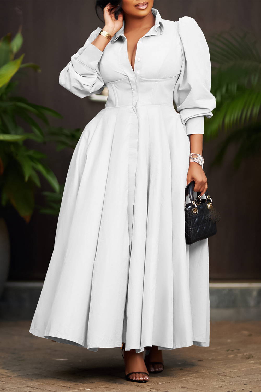Turndown Collar Long Sleeve Cinch Waist Solid Color Maxi Shirt Dresses-Pink