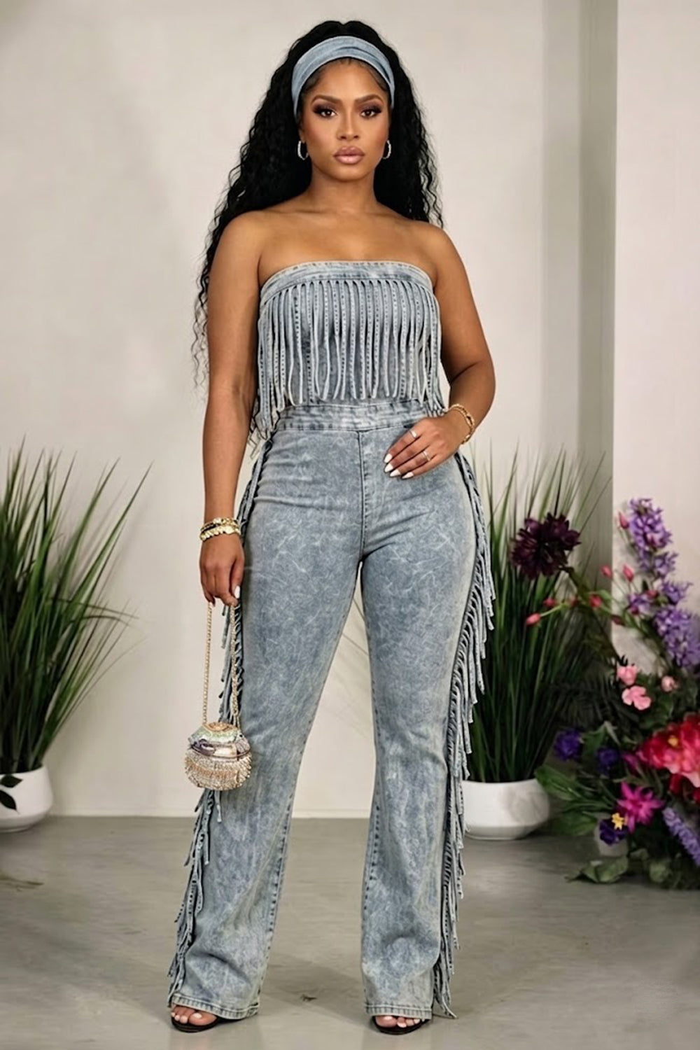 Denim Strapless Fringe Trim Slim Fit Casual Jumpsuit-Blue