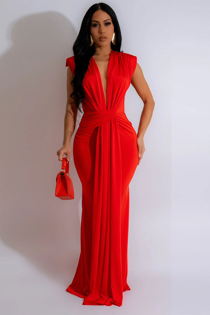 Deep V Neck Bodycon Streamer Decor Sleeveless Gowns Maxi Dresses-Pink