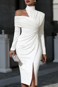 Mock Neck Long Sleeve Cut Out Ruched Slit Slim Fit Gowns Midi Dresses-White