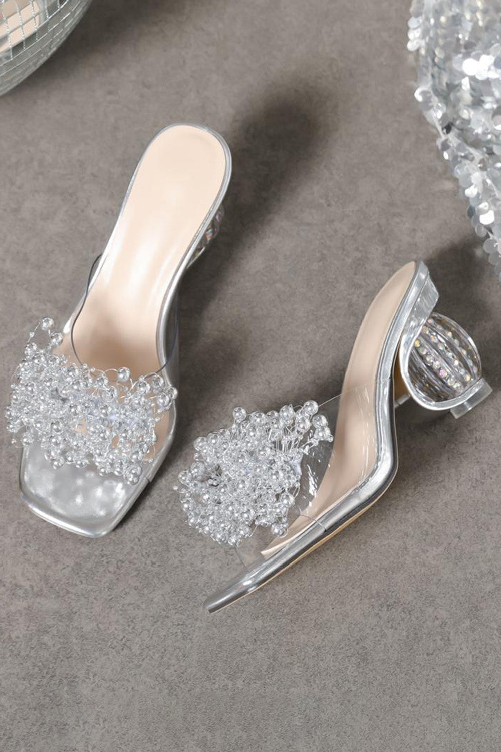 Rhinestone Flower Square Toe Slides Party Chunky Heels-Silver