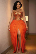 Strapless Sequin Patchwork Overlap Slit Party Maxi Dresses-Orange