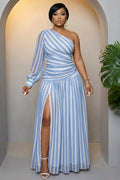 One Shoulder Cinch Waist High Slit Striped Maxi Dresses-Blue
