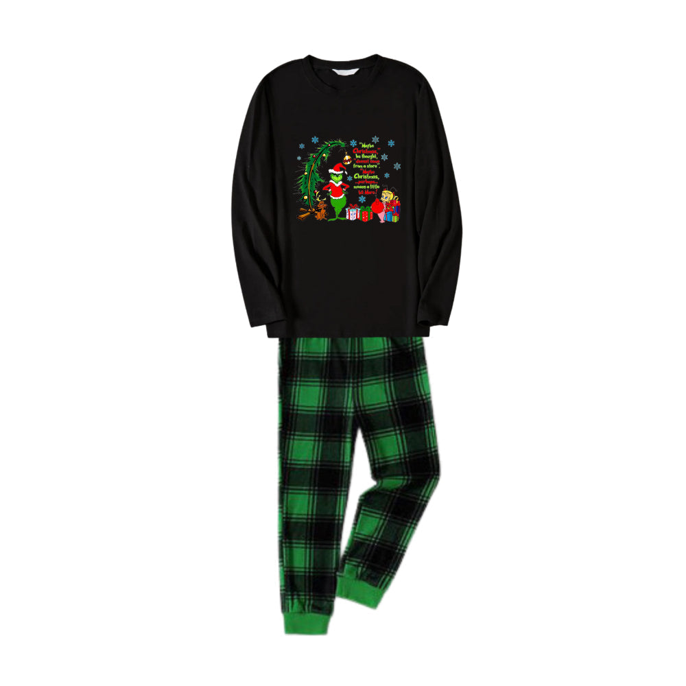 Christmas Family Matching Pajamas-Black Top and Green Plaid Pants Pjs Set with Grinch and Christmas Pattern Print