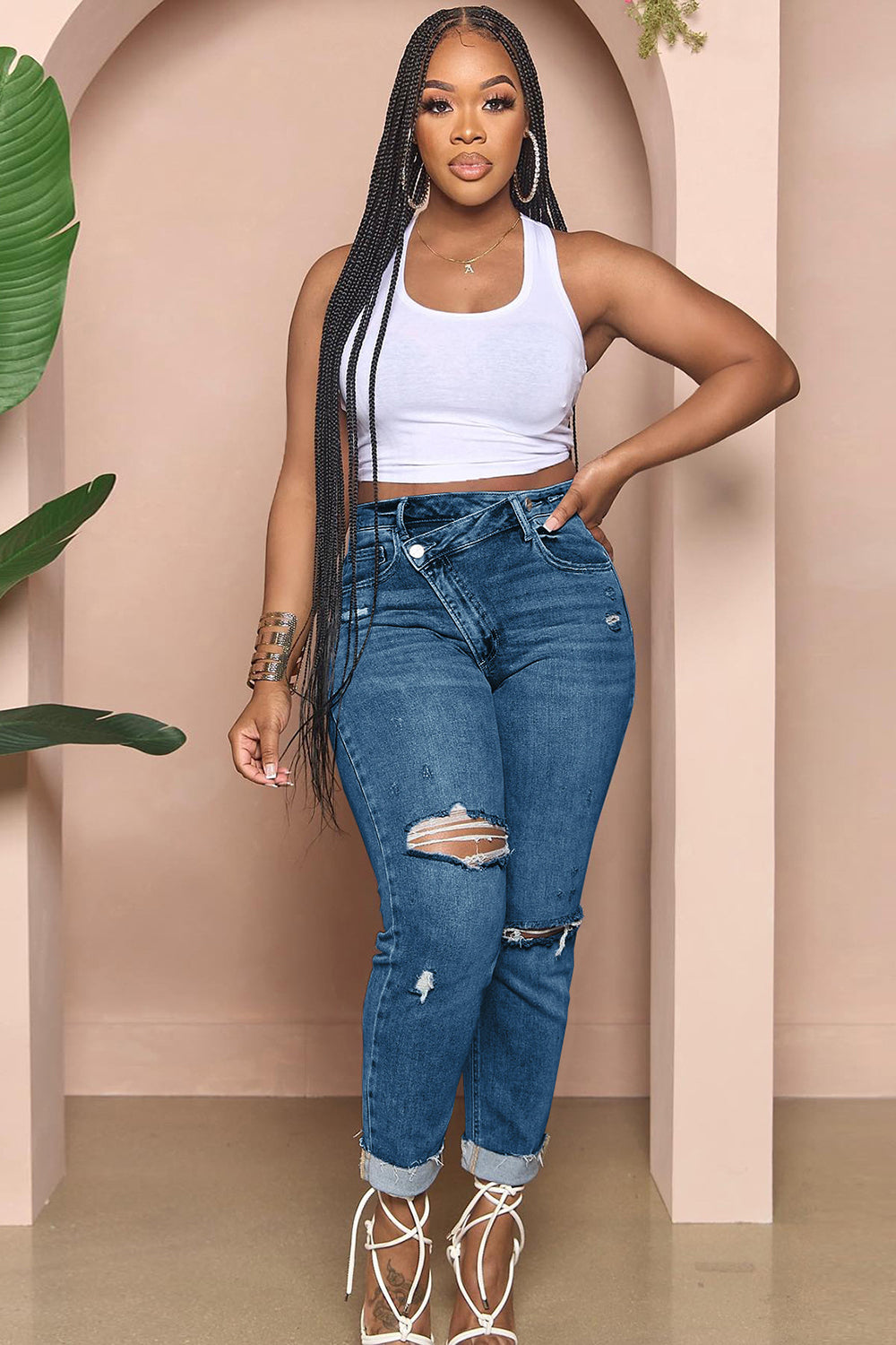 Denim High Waist Ripped Slim Fit Tapered Casual Cuffed Jeans-LightBlue