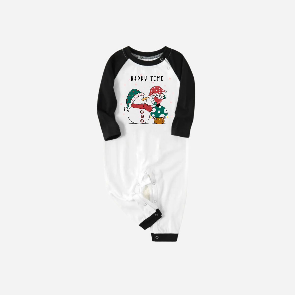 Black Raglan Top Green Plaid Christmas Pajamas Set With Snowman and Gnome and "Happy Time" Text Print
