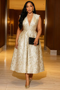 Foil Pattern Deep V Neck Sleeveless Party Maxi Dresses-Champagne